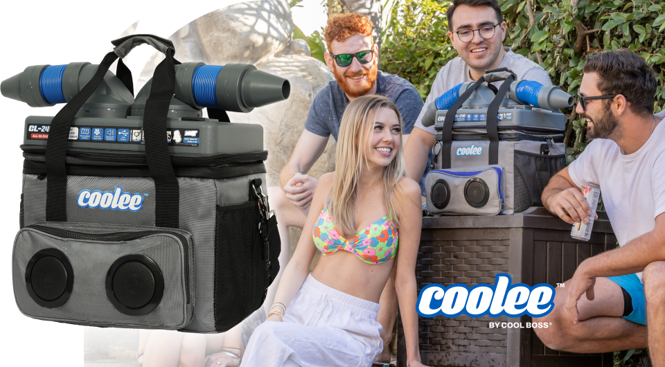 Keep cool with the Coolee CL-240 3-in-1 portable air cooler, combining an ice chest, Bluetooth speaker, and air cooler in one sleek device.